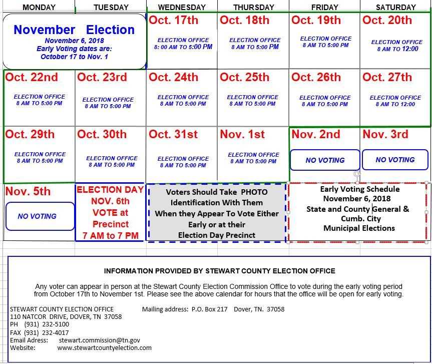 Nov 2018 Early Voting Calendar Stewart County Election Commission